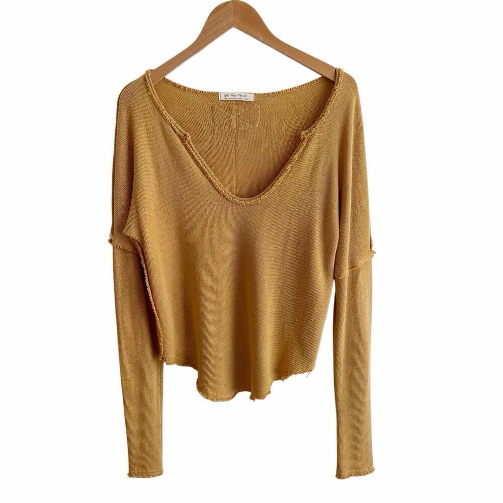 FREE PEOPLE Mustard Yellow Distressed Sweater Size Small V-Neck - Picture 2 of 12